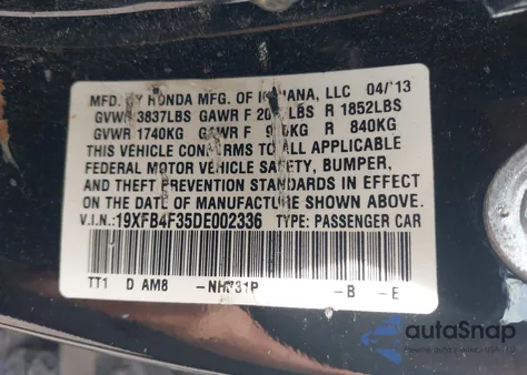 2013 Honda Civic Hybrid from USA, damaged, VIN 19XFB4F35DE002336